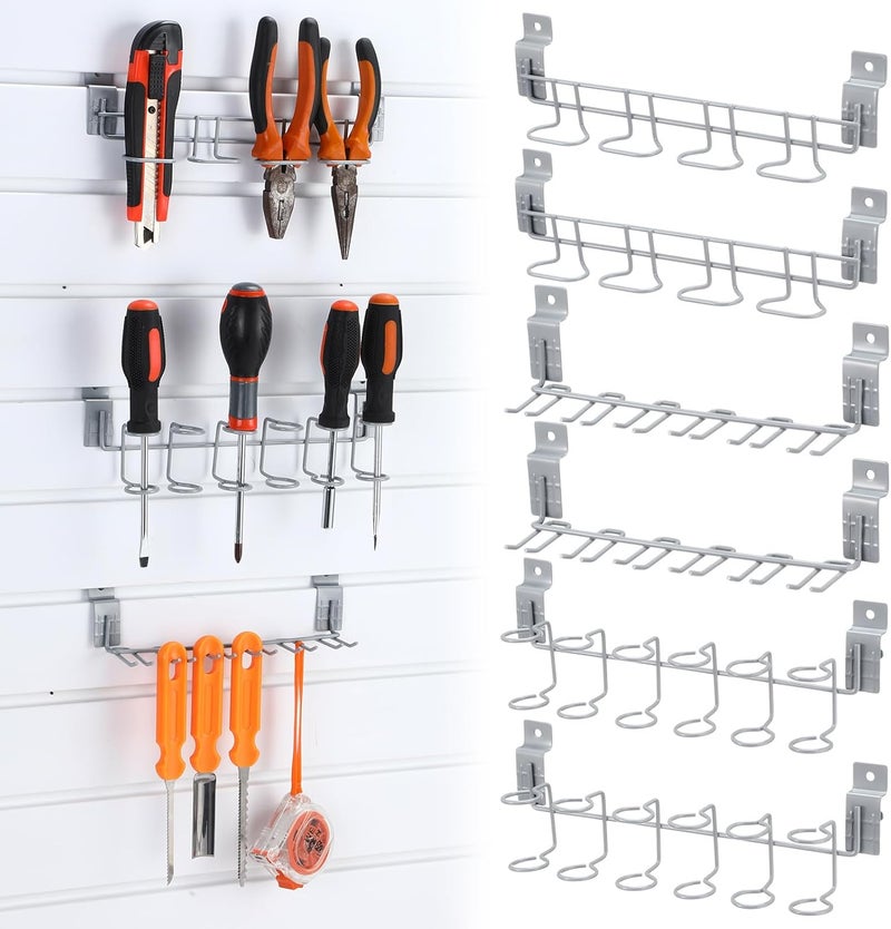 Yaocom 6 Pcs Slatwall Screwdriver Holders Slat Boards Organizer Slatwall Hooks Hangers Plier Holders Accessory Multi Tool Organizer Racks for Garage Shop Retail Store Display, 2 Size 3 Style (Gray) - Image 1